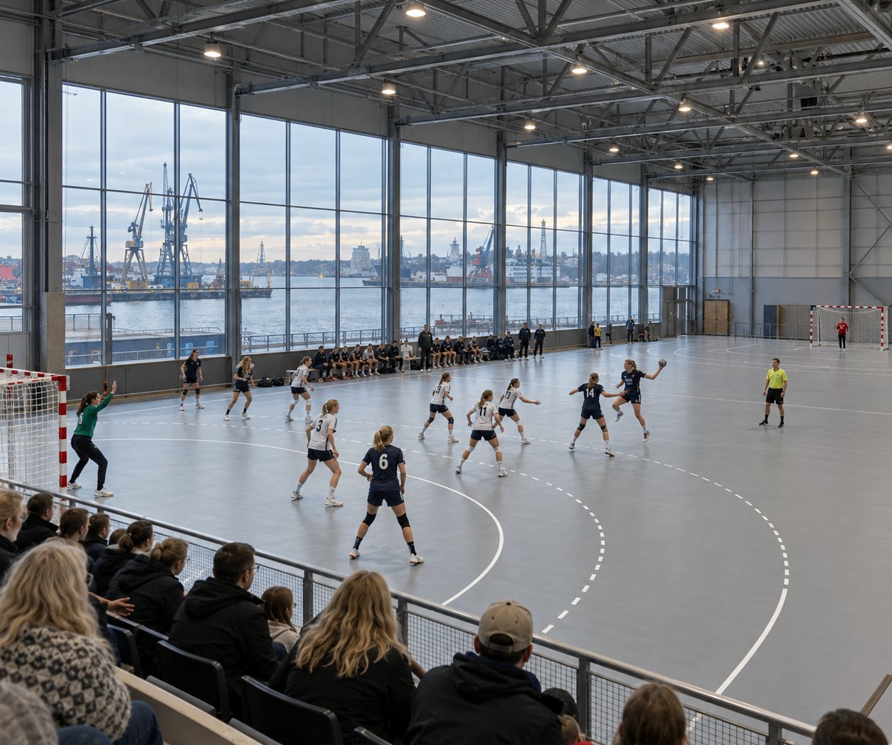 Handboll i en hamnhall