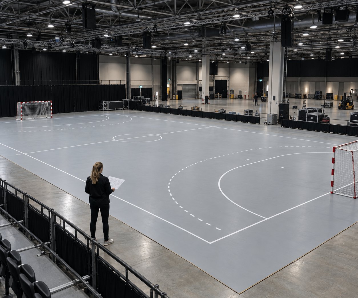 Planering av sportgolv i en mässhall